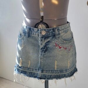 Denim Distressed Bejeweled and Embroidered  Mini Skirt
